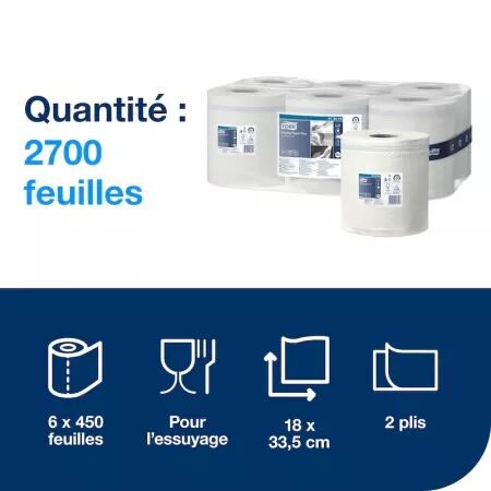 Papier d\'essuyage Plus Tork M2 à dévidage central 450 formats - 2 plis - 150m