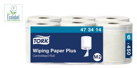 Papier d\'essuyage Plus Tork M2 à dévidage central 450 formats - 2 plis - 150m