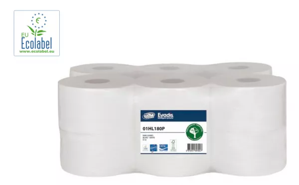 Papier toilette - MINI JUMBO - Blanc - Pure ouate - 180m - 2 plis gaufr�s- ECOLABEL